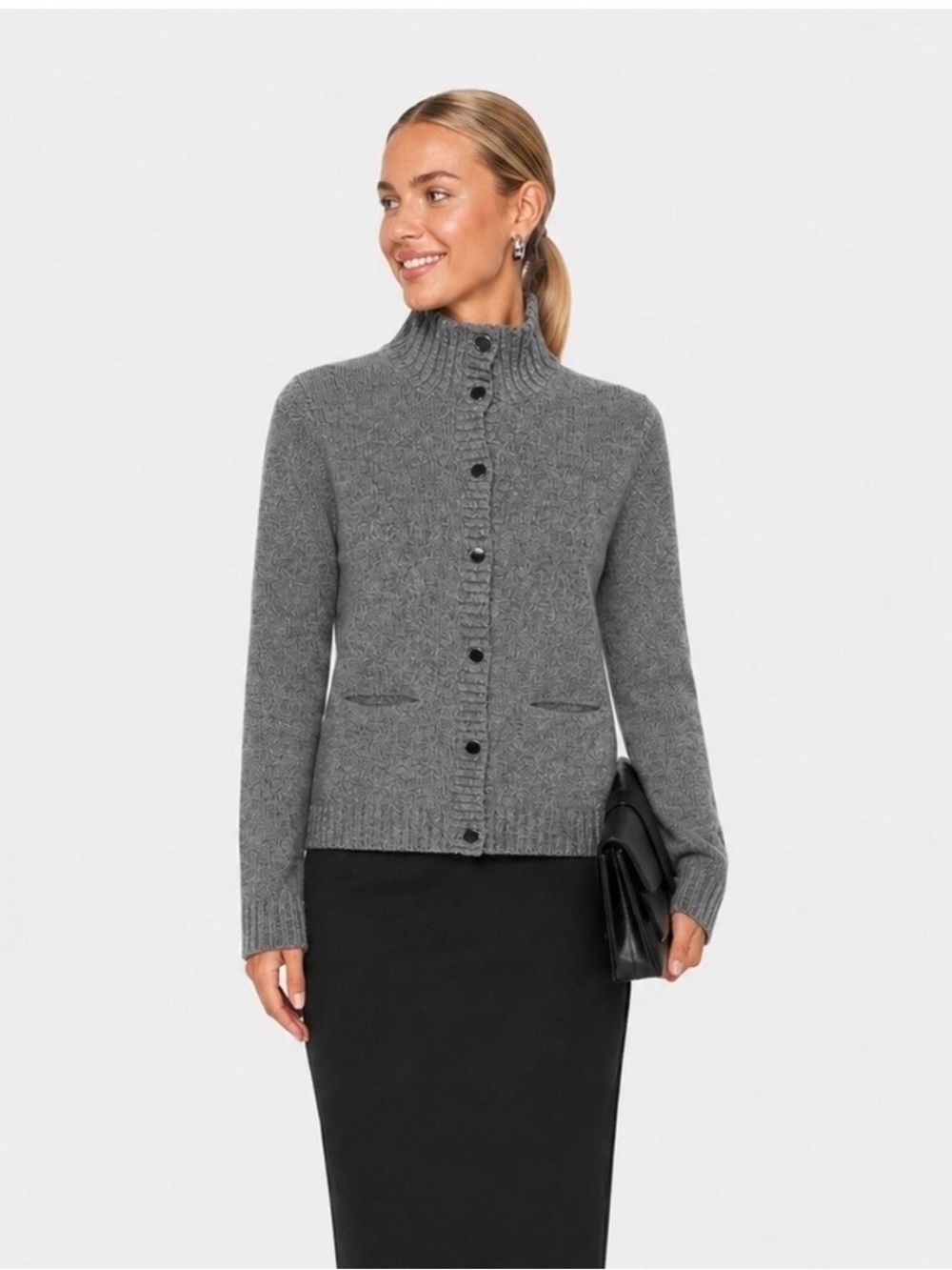 Samsoe Samsoe Sol T-Neck Lambs wool Cardigan Gray Mock Neck Button Sweater M